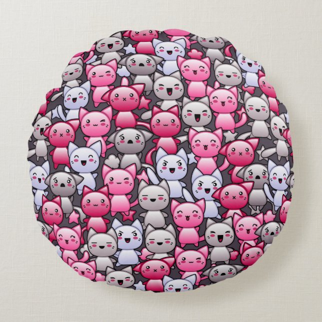 pattern with cute kawaii doodle cats 2 round pillow (Front)