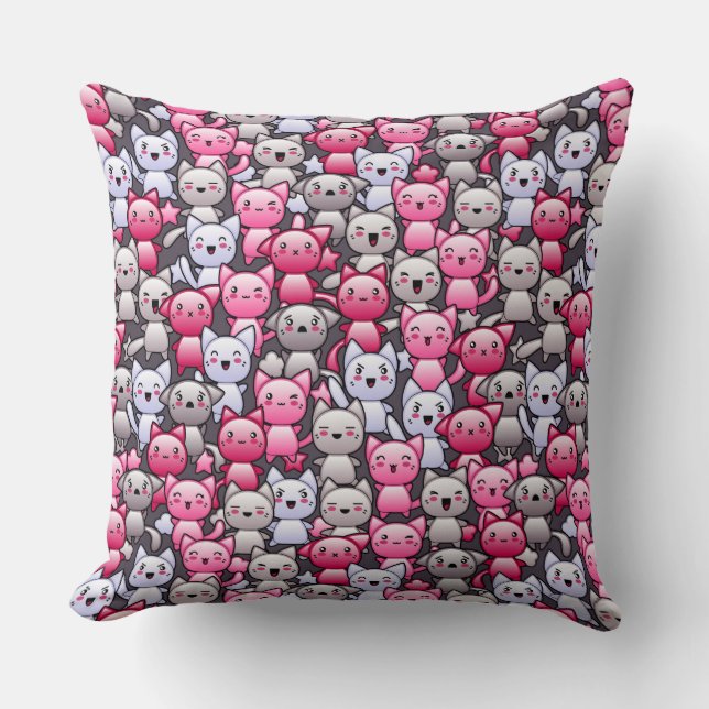 pattern with cute kawaii doodle cats 2 throw pillow (Front)