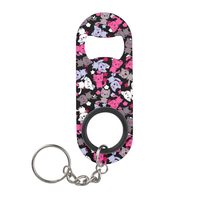 pattern with cute kawaii doodle cats 3 keychain bottle opener (Front)