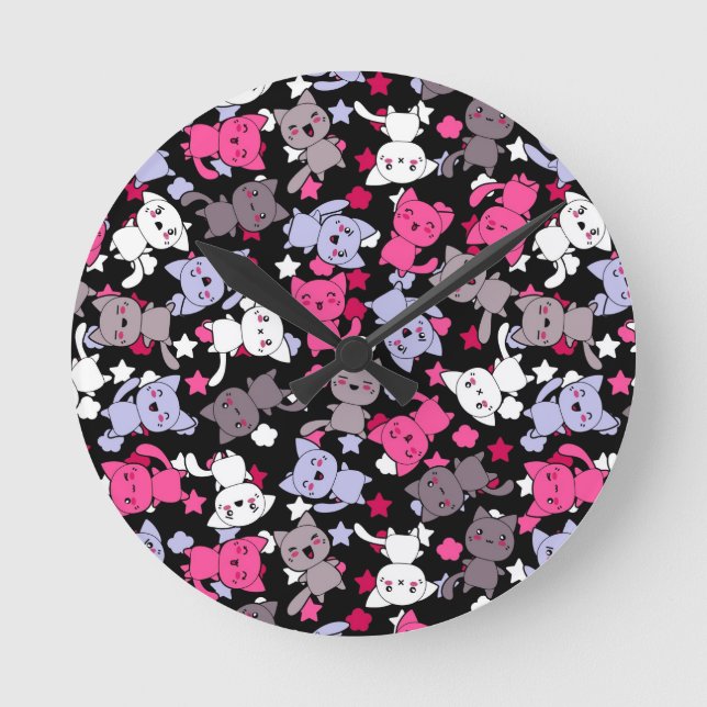 pattern with cute kawaii doodle cats 3 round clock (Front)