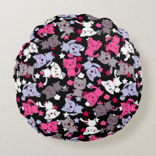 pattern with cute kawaii doodle cats 3 round pillow