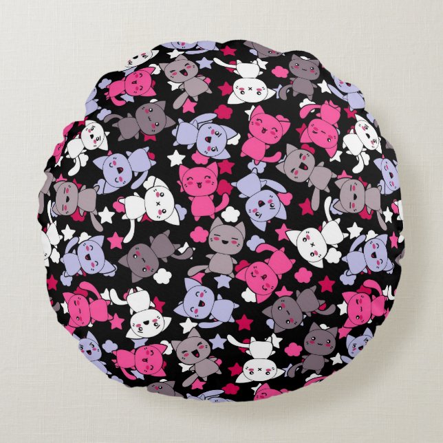 pattern with cute kawaii doodle cats 3 round pillow (Front)