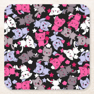 pattern with cute kawaii doodle cats 3 square paper coaster