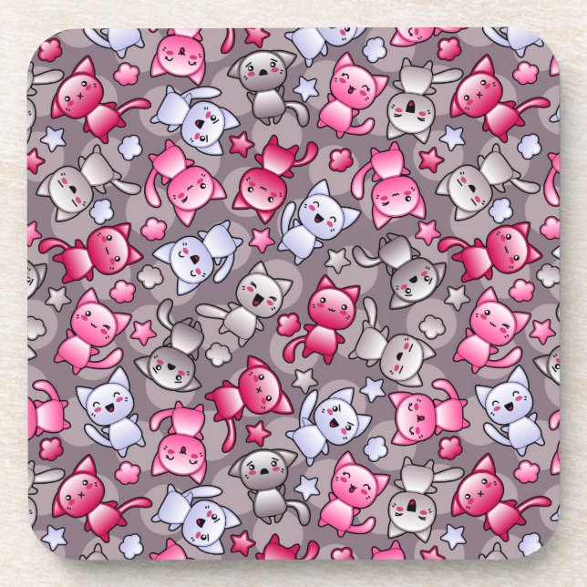 pattern with cute kawaii doodle cats coaster (Front)