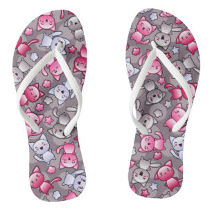 pattern with cute kawaii doodle cats flip flops