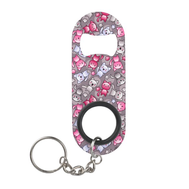 pattern with cute kawaii doodle cats keychain bottle opener (Front)