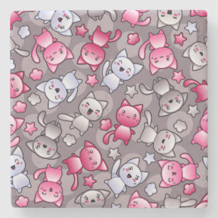 pattern with cute kawaii doodle cats stone coaster