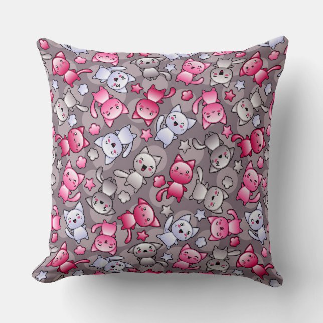 pattern with cute kawaii doodle cats throw pillow (Front)