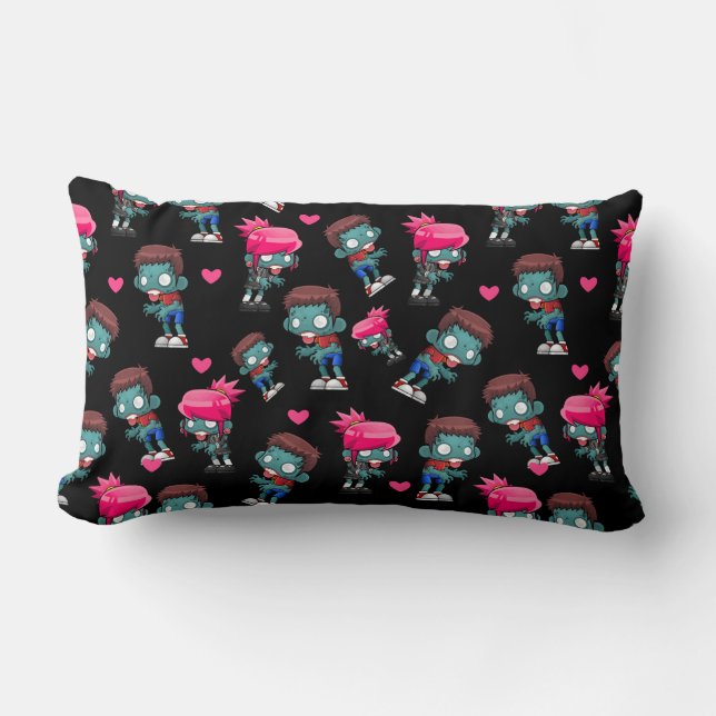 Pattern with Cute Zombie Girls, Guys and Hearts Lumbar Pillow (Front)