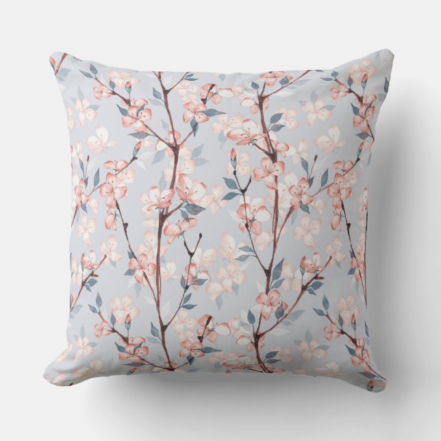 Pattern with delicate spring sakura flowers throw pillow (Front)