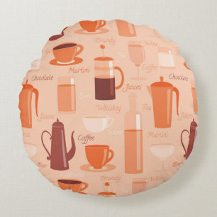 Pattern with drinks and text round pillow