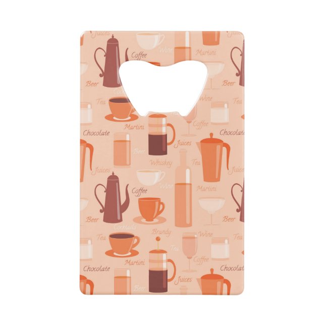 Pattern with drinks and text wallet bottle opener (Front)