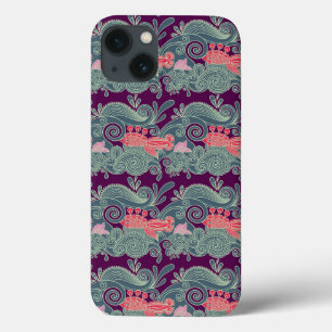 Pattern With Fish And Purple Wave iPhone 13 Case