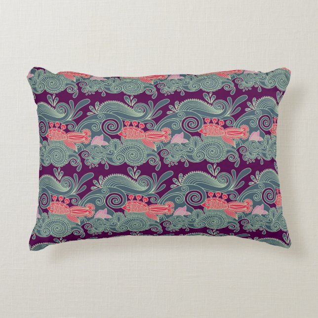 Pattern With Fish And Purple Wave Decorative Pillow (Front)