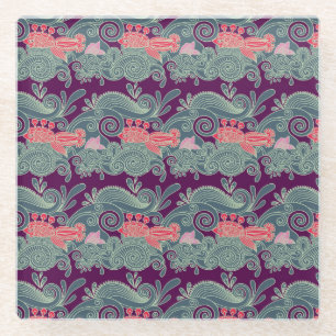 Pattern With Fish And Purple Wave Glass Coaster