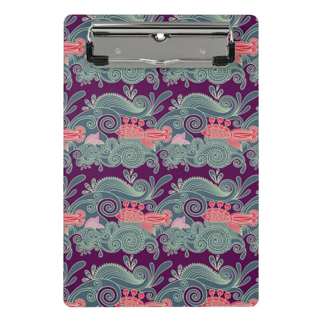 Pattern With Fish And Purple Wave Mini Clipboard (Front)