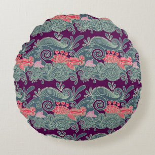 Pattern With Fish And Purple Wave Round Pillow