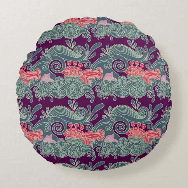 Pattern With Fish And Purple Wave Round Pillow (Front)