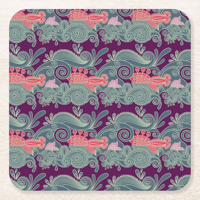 Pattern With Fish And Purple Wave Square Paper Coaster (Front)
