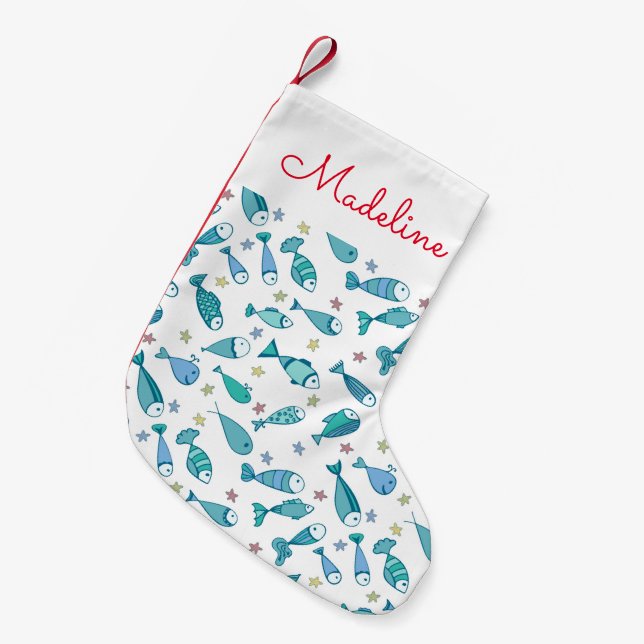 Pattern With Fish And Starfish | Add Your Name Small Christmas Stocking (Front (Hanging))