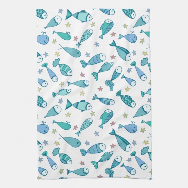 Pattern With Fish And Starfish Kitchen Towel (Vertical)