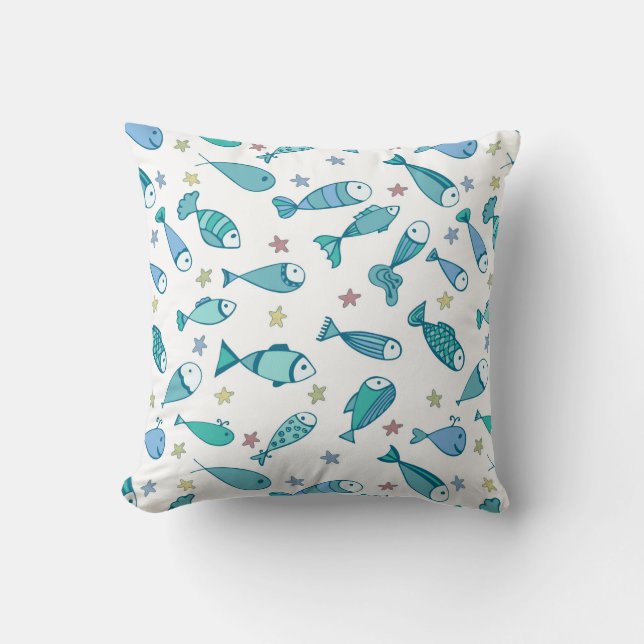 Pattern With Fish And Starfish Throw Pillow (Front)