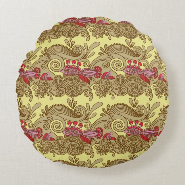 Pattern With Fish And Wave Round Pillow (Front)
