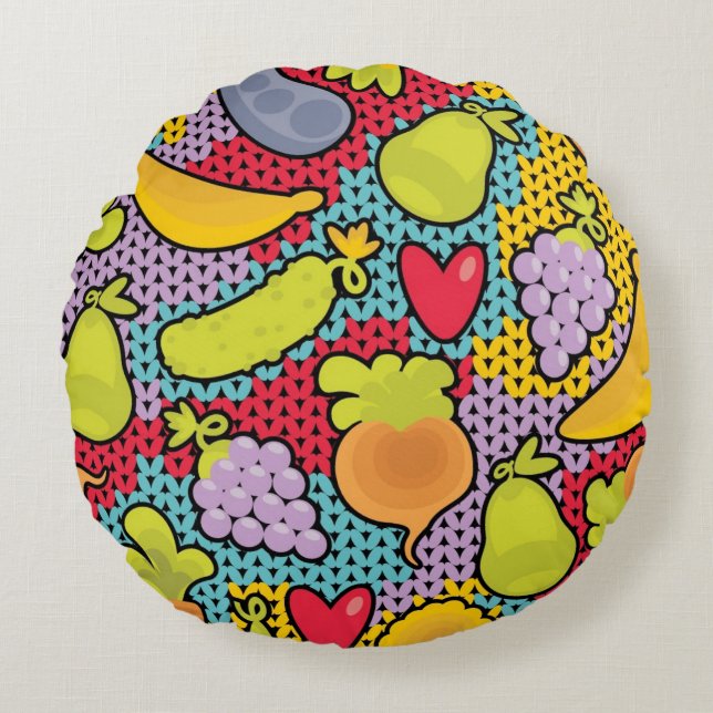 Pattern with fruits and vegetables round pillow (Front)