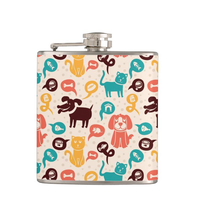 Pattern With Funny Cats And Dogs Hip Flask (Front)