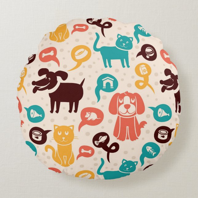 Pattern With Funny Cats And Dogs Round Pillow (Front)