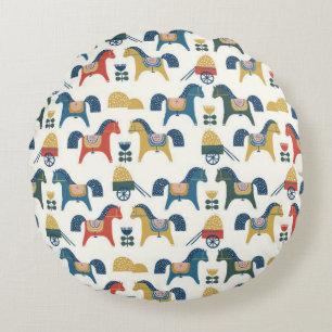 Pattern with horses inspired by scandinavian art. round pillow