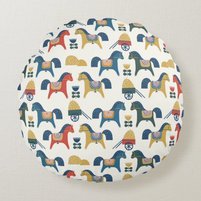 Pattern with horses inspired by scandinavian art.  round pillow (Front)