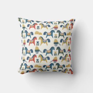 Pattern with horses inspired by scandinavian art.  throw pillow