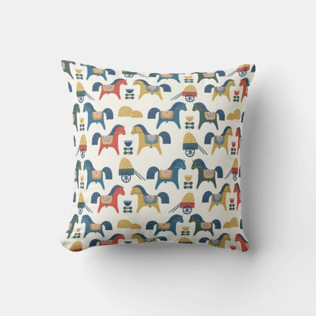 Pattern with horses inspired by scandinavian art.  throw pillow (Front)