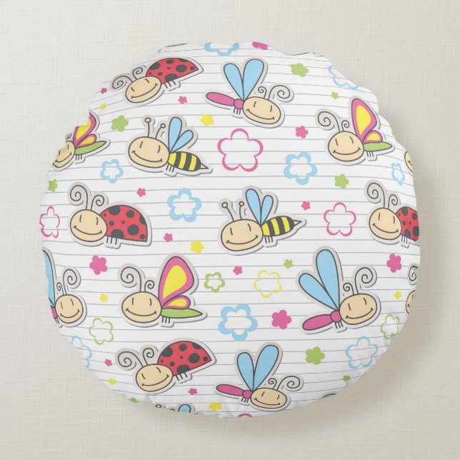 pattern with insects round pillow (Front)