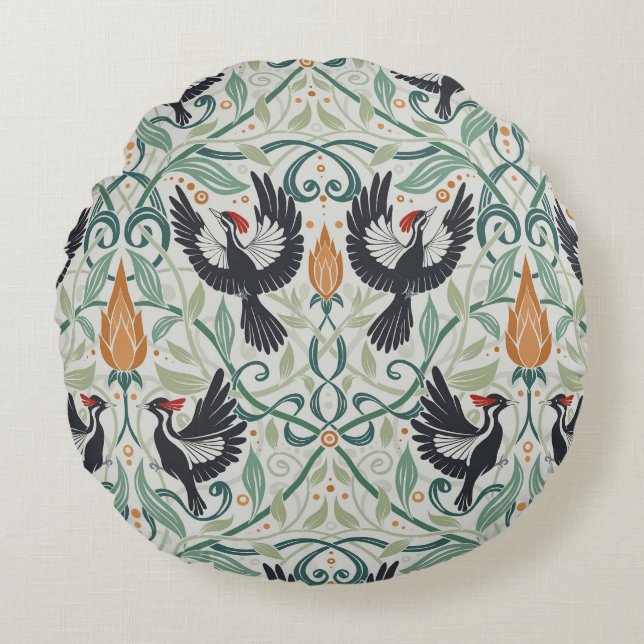Pattern with Ivory-billed woodpeckers Round Pillow (Front)