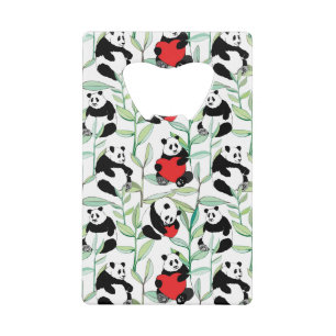 pattern with lovely pandas with hearts credit card bottle opener