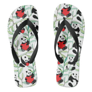 pattern with lovely pandas with hearts flip flops
