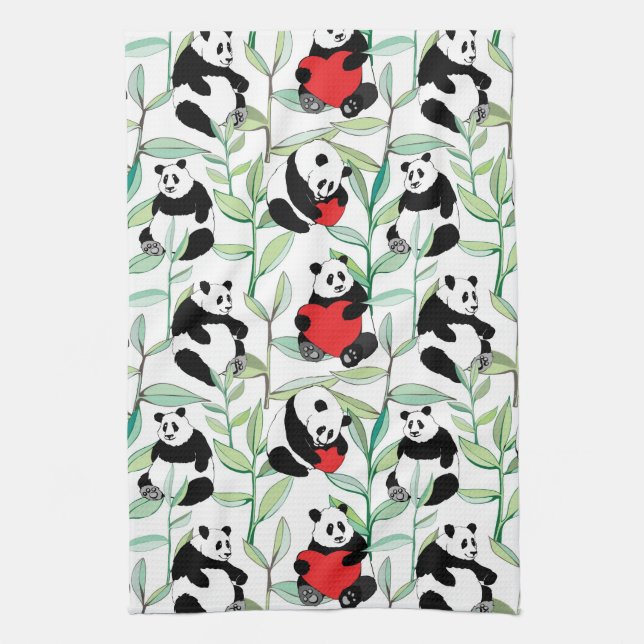 pattern with lovely pandas with hearts kitchen towel (Vertical)