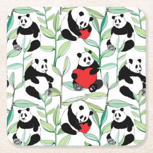 pattern with lovely pandas with hearts square paper coaster