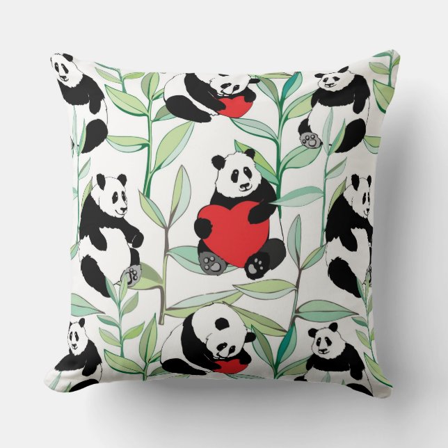 pattern with lovely pandas with hearts throw pillow (Front)