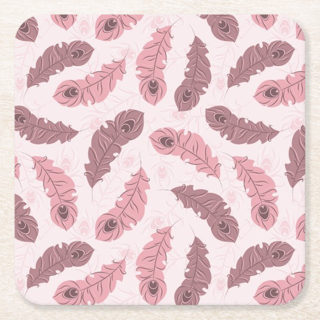 pattern with peacock feathers square paper coaster (Front)