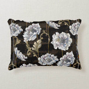 Pattern with peony bouquet with baroque gold swirl accent pillow