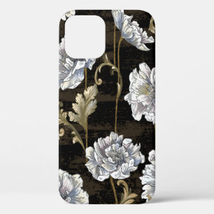Pattern with peony bouquet with baroque gold swirl iPhone 12 case