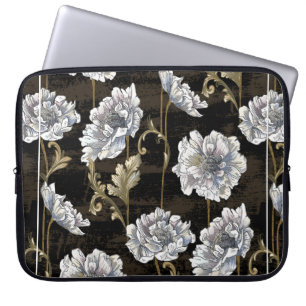 Pattern with peony bouquet with baroque gold swirl laptop sleeve