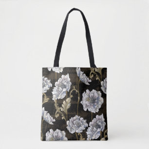 Pattern with peony bouquet with baroque gold swirl tote bag
