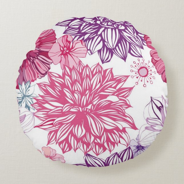 Pattern with pink asters and dahlia round pillow (Front)