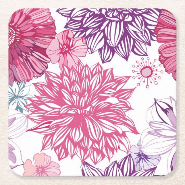 Pattern with pink asters and dahlia square paper coaster (Front)