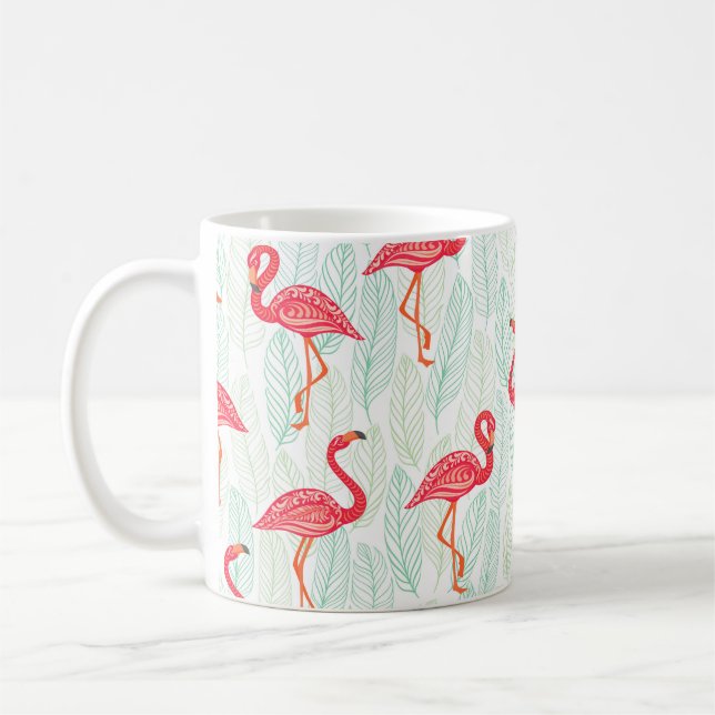 Pattern with pink flamingo ornaments on a backgrou coffee mug (Left)