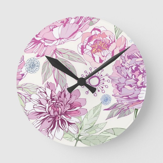 Pattern with pink flowers round clock (Front)